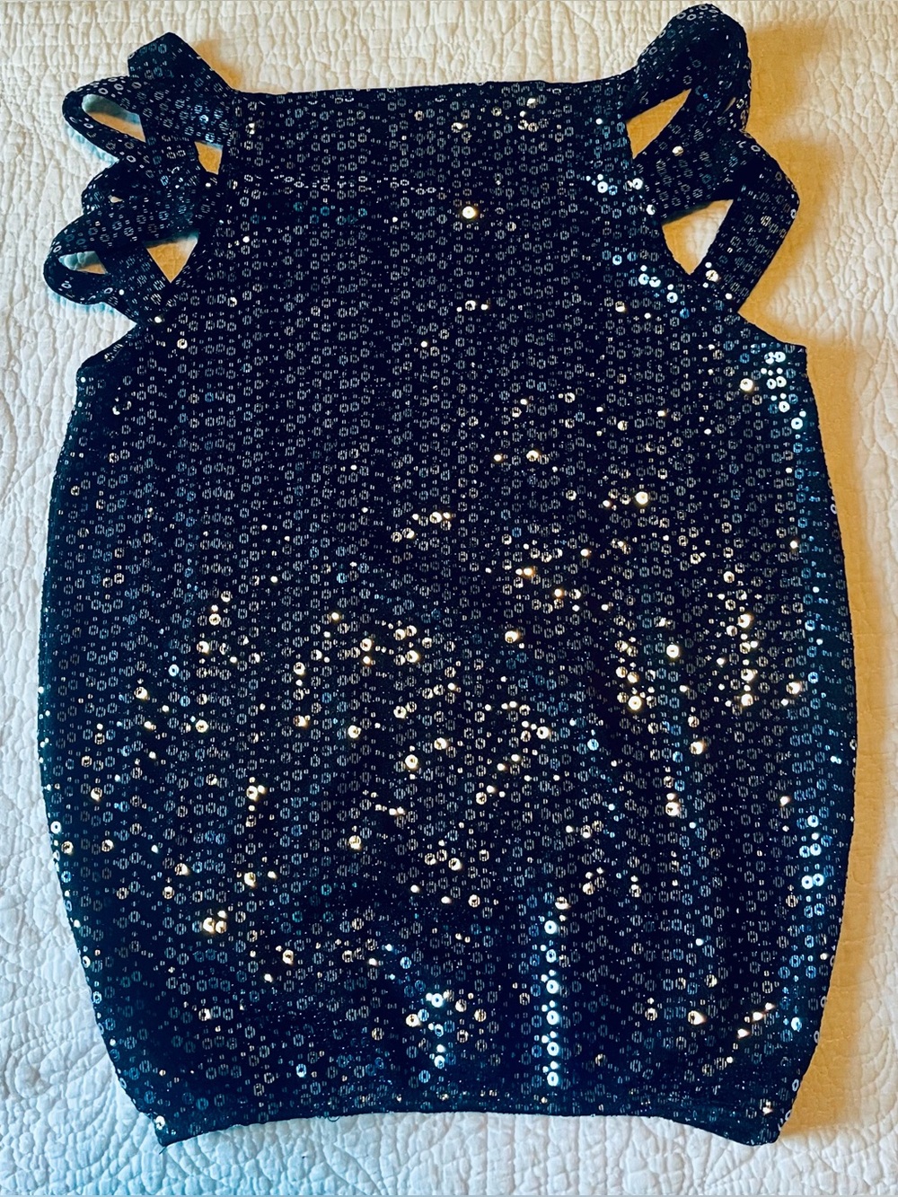 Women’s Navy Sequin Tank Top with Strappy Shoulder Detail